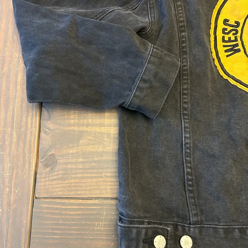 Conspiracy WESC Denim Jacket Unisex Black Smiley Face Trucker Mens m Women’s L - Picture 15 of 15